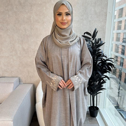 Embellished Linen Abaya - AMINA